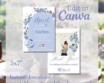 Tea Party Invitation | Editable Thank You Card | Birthday Thank You Card | Editable Template | Thank You Card and Invitation Template |Canva