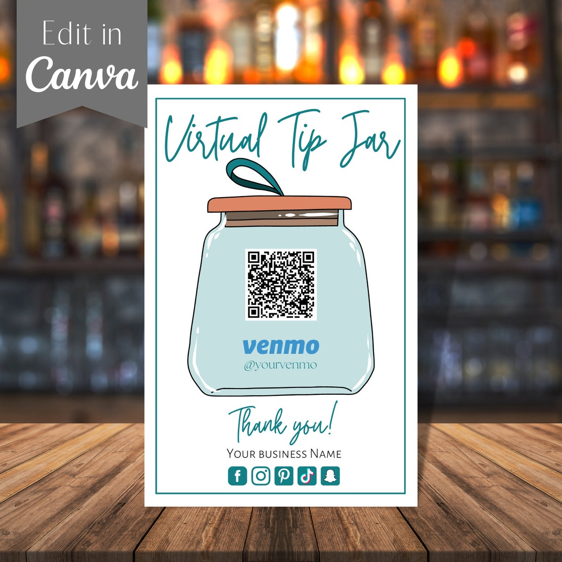 Virtual Tip Jar Venmo Payment Sign QR Code Sign Scan to Pay Sign Custom