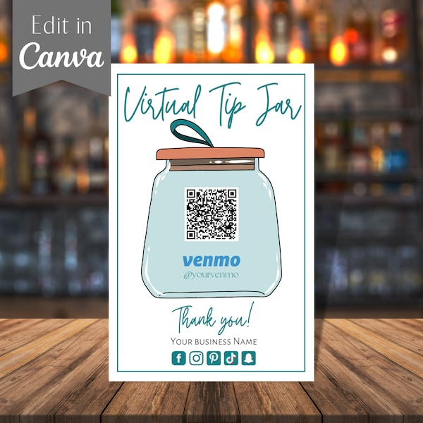 Virtual tip jar| Venmo Payment Sign | QR Code Sign | Scan to pay sign | Custom Business Sign | Printable sign | Canva Template | Editable