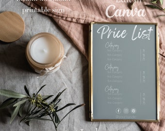 Op de afbeelding: Een afdrukbare prijslijst sjabloon voor een bedrijf. Het sjabloon is ontworpen om te worden bewerkt in Canva en is 3,5 x 5 inch. Het sjabloon heeft een grijze achtergrond met witte tekst en bevat secties voor categorie, subcategorie en prijs.