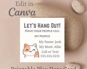 Play Date Card, Kids Calling Card, Printable Waving Cat Design (Digital Download)