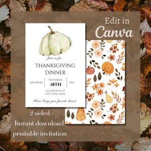 Thanksgiving Invitation, Thanksgiving dinner, digital download, editable invitation, editable and printable invitation, invite template