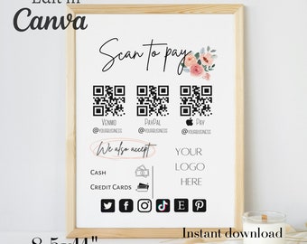 Scan to Pay sign template, printable scan to pay template, editable scan to pay sign, payment sign, QR code sign template, paypal, venmo