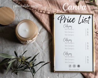 May include: A printable price list template for a business selling candles, with the text "Price List" in a handwritten font. The template is 3.5 x 5 inches and can be edited in Canva. The template includes three categories with subcategories and prices.
