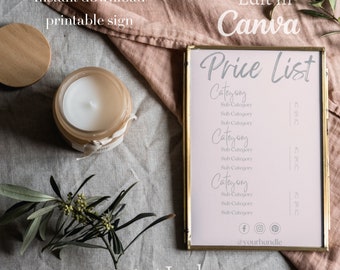 May include: A printable price list template in a gold frame on a light brown surface. The template is for a price list with categories and subcategories. The text "Edit in Canva" and "Price List" are visible on the template. The template is 3.5 x 5 inches.