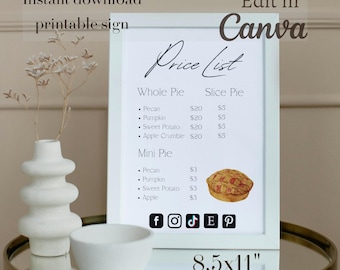 Price list template, Price sheet printable, Price sheet, custom menu, small business, home bakery price list, Bakery price list