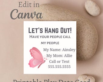 Play Date Card, Kids Calling Card, Printable Butterfly Design (Digital Download)