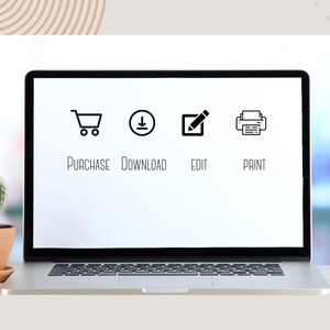 May include: A laptop computer screen displaying four icons with the text "Purchase", "Download", "Edit", and "Print" below each icon.