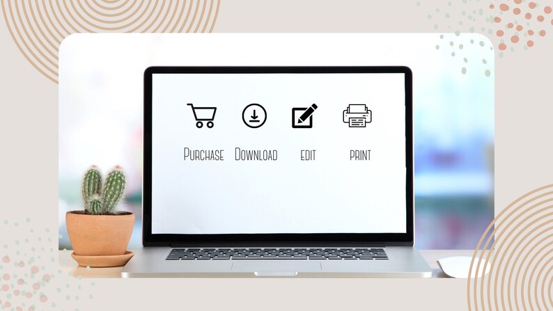 May include: A laptop computer screen displaying four icons with the text "Purchase", "Download", "Edit", and "Print" below each icon.