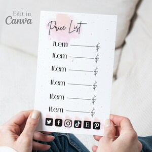 May include: A white price list with a pink watercolor background. The list has the word "Price List" at the top and six lines for listing items and prices. The list also includes social media icons at the bottom.