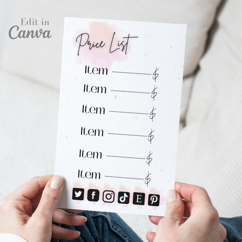 May include: A white price list with a pink watercolor background. The list has the word "Price List" at the top and six lines for listing items and prices. The list also includes social media icons at the bottom.