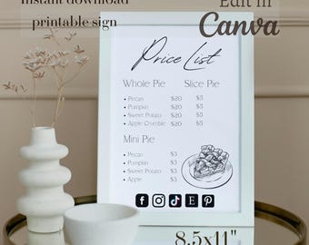 Price list template, Price sheet printable, Price sheet, custom menu, small business, home bakery price list, Bakery price list