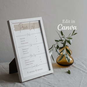 Modelo de lista de preços, tabela de preços para impressão, tabela de preços, guia de preços, lista de preços de beleza, menu personalizado, lista de preços de salão de beleza, pequenas empresas