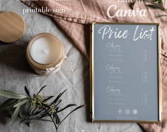 Op de afbeelding: Een afdrukbare prijslijst sjabloon in een gouden lijst op een lichtbruine stoffen achtergrond. De sjabloon is lichtblauw met witte tekst en bevat de tekst "Price List" en "Catayang" met subcategorieën. De sjabloon is 3,5x5 inch.