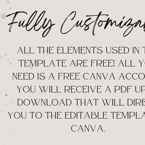 May include: A digital download for a customizable invitation template. The text on the image reads "Fully Customizable. All the elements used in the template are free! All you need is a free Canva account. You will receive a PDF upon download that will direct you to the editable template in Canva."
