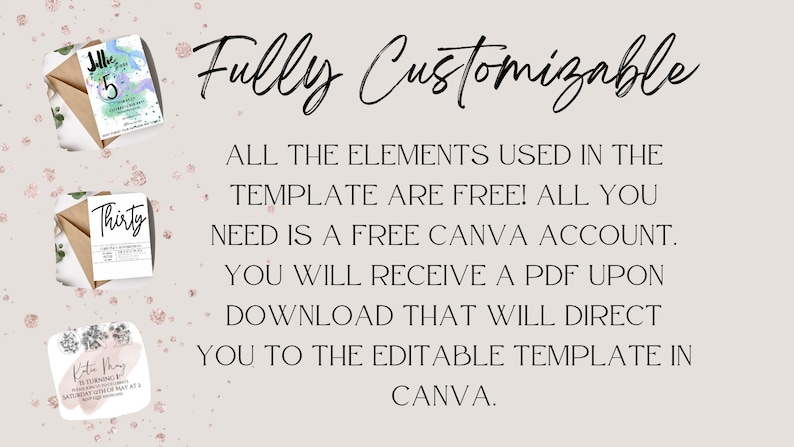 May include: A digital download for a customizable invitation template. The text on the image reads "Fully Customizable. All the elements used in the template are free! All you need is a free Canva account. You will receive a PDF upon download that will direct you to the editable template in Canva."