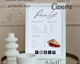 Price list template, Price sheet printable, Price sheet, custom menu, small business, home bakery price list, Bakery price list