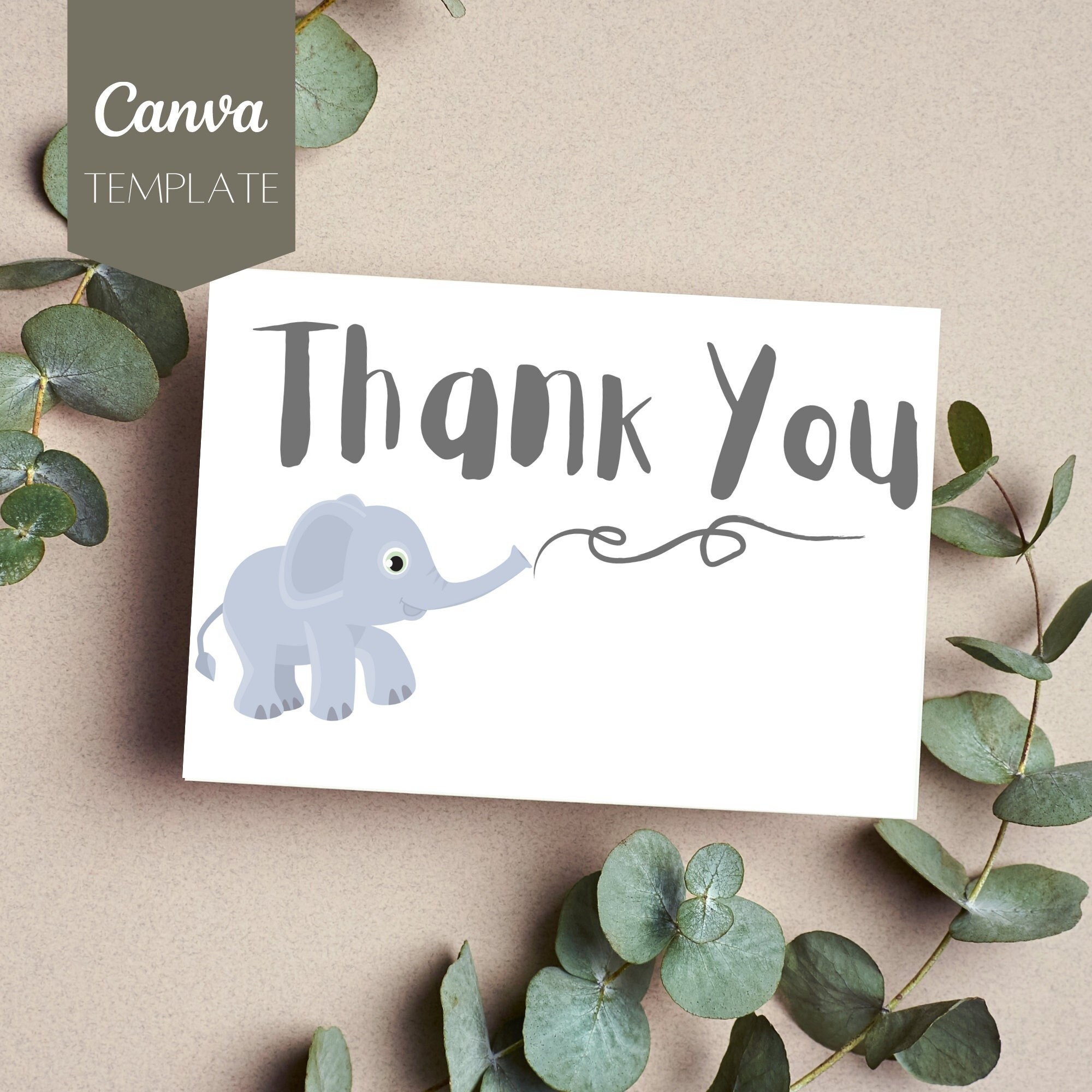 Elephant Thank You Card, Printable Thank You Card, Editable Thank You ...