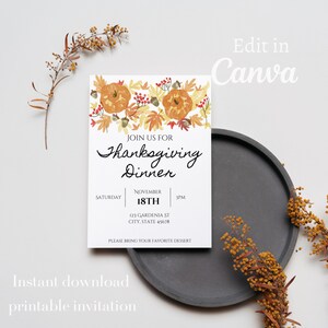 Thanksgiving Invitation, Thanksgiving dinner, digital download, editable invitation, editable and printable invitation, invite template