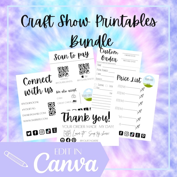 Craft show bundle, order form template, price list template, thank you card template, small business template, scan to pay, connect with us