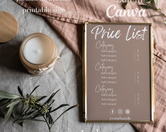 May include: A printable price list template in a gold frame on a beige fabric background. The template has a brown background with white text that says "Price List" and lists categories and subcategories with prices. The template is 3.5x5 inches.