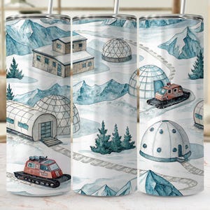 Polar Research Station Tumbler Wrap, Watercolor Snowy Mountains, Igloo, Snowcat (Digital Download)