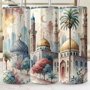 Boho moské akvarell tumblerwrap, islamisk arkitektur sublimeringsdesign (digital nedladdning)