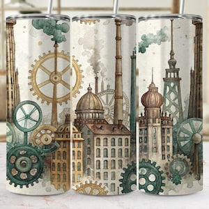 以下が含まれることがあります： 歯車、建物、煙突を備えたスチームパンク都市の水彩イラストが描かれたステンレス鋼タンブラー。ベージュ、ブラウン、ティール色を使用し、ヴィンテージ感を演出。タンブラーにはストローが付いています。