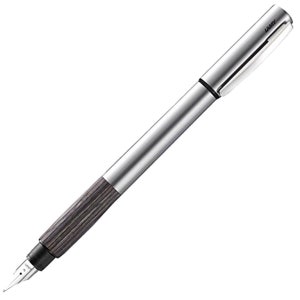 May include: A silver and grey fountain pen with a wood-grain pattern on the barrel. The pen has a clip on the top and the brand name "LAMY" is printed on the clip.