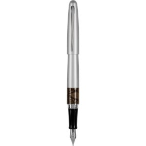 May include: A silver fountain pen with a brown and black patterned barrel. The pen has a black ink cartridge and a silver nib.