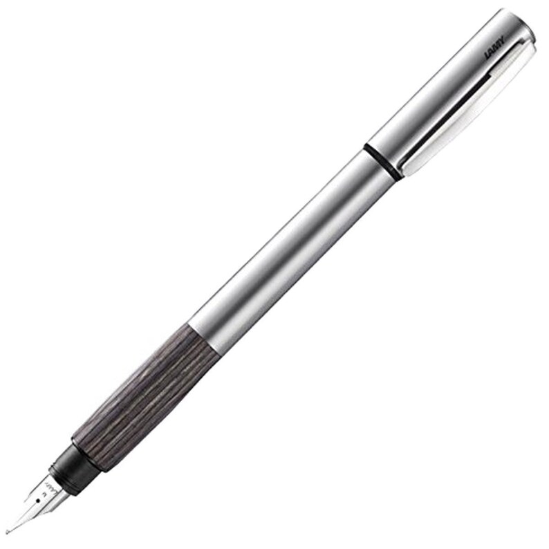 May include: A silver and grey fountain pen with a wood-grain pattern on the barrel. The pen has a clip on the top and the brand name "LAMY" is printed on the clip.