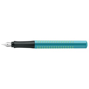 May include: A turquoise blue fountain pen with a black grip and green dots. The pen has a silver nib.