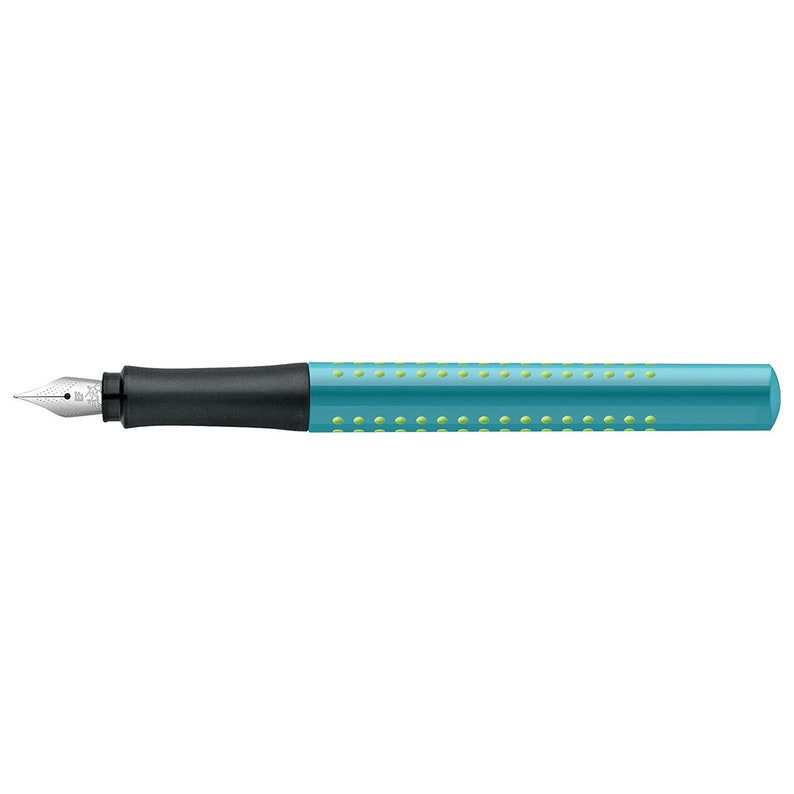 May include: A turquoise blue fountain pen with a black grip and green dots. The pen has a silver nib.