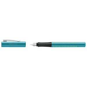 May include: A turquoise blue fountain pen with a black grip and green dots. The pen is in two parts, the cap and the pen body. The cap has the words "FABER-CASTELL" printed on it.
