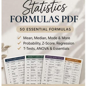 Formules statistiques PDF | 50 formules essentielles, probabilités, régression (téléchargement instantané)