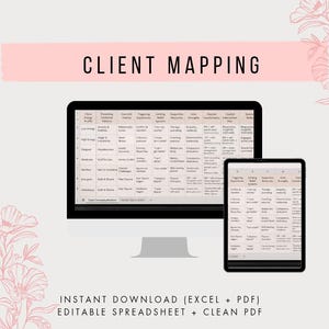 May include: A computer monitor and tablet showing a spreadsheet labelled "Client Mapping." The spreadsheet is in a grid format with various categories and text. The image includes the text "Instant Download (Excel + PDF)" and "Editable Spreadsheet + Clean PDF."