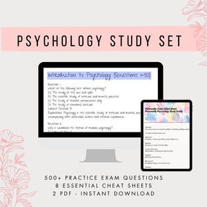 May include: A psychology study set featuring a computer monitor and a tablet. The monitor displays "Introduction to Psychology" questions, while the tablet shows a "Personality Traits Cheat Sheet." Text at the bottom reads "500+ Practice Exam Questions, 8 Essential Cheat Sheets, 2 PDF - Instant Download."