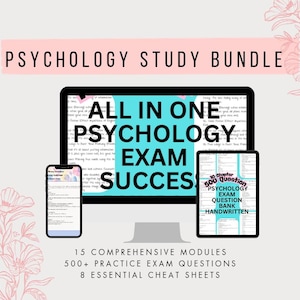 Psychology Exam Study Bundle | 15 Modules, Cheat Sheets, 500 Questions (PDF Download)