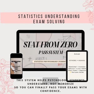May include: An educational graphic with the text "STATISTICS UNDERSTANDING EXAM SOLVING." The image shows a tablet, phone, and computer screen displaying study materials. The text "STAT FROM ZERO PASS SYSTEM" is visible, along with other study notes.