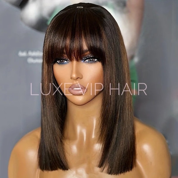 LUXE VIP HAIR Premium 100% Human Hair Glueless Middle Part Lace Natural Scalp Bob Wigs 180 Density, Wear and Go
