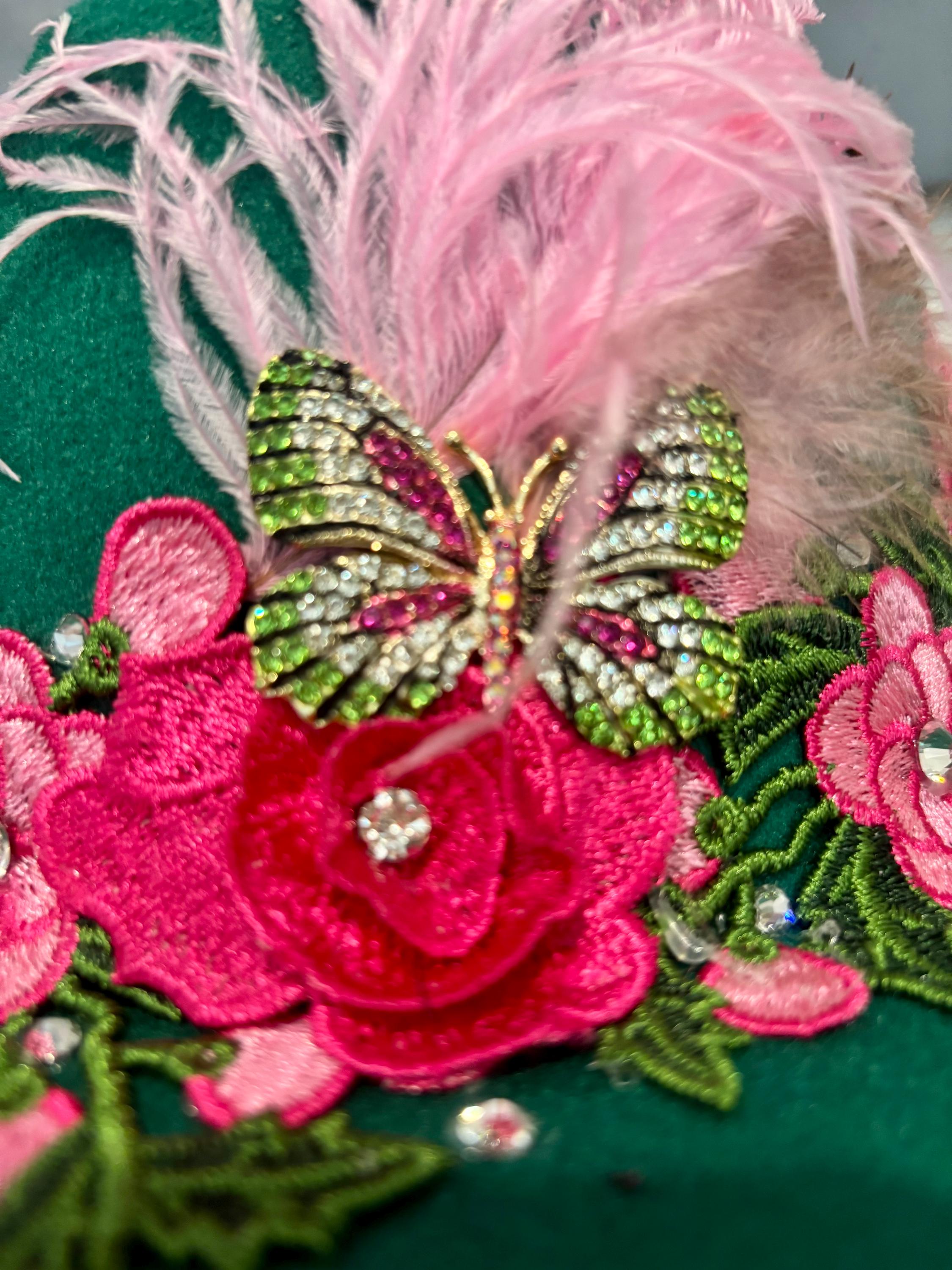 Elegant Green Floral Hat with Pink Accents Vintage Pink Flowers Under Tulle Hat with Green Leaves  main image 2