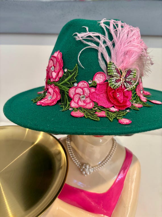 Elegant Green Floral Hat With Pink Floral Accents. - Etsy display picture 1