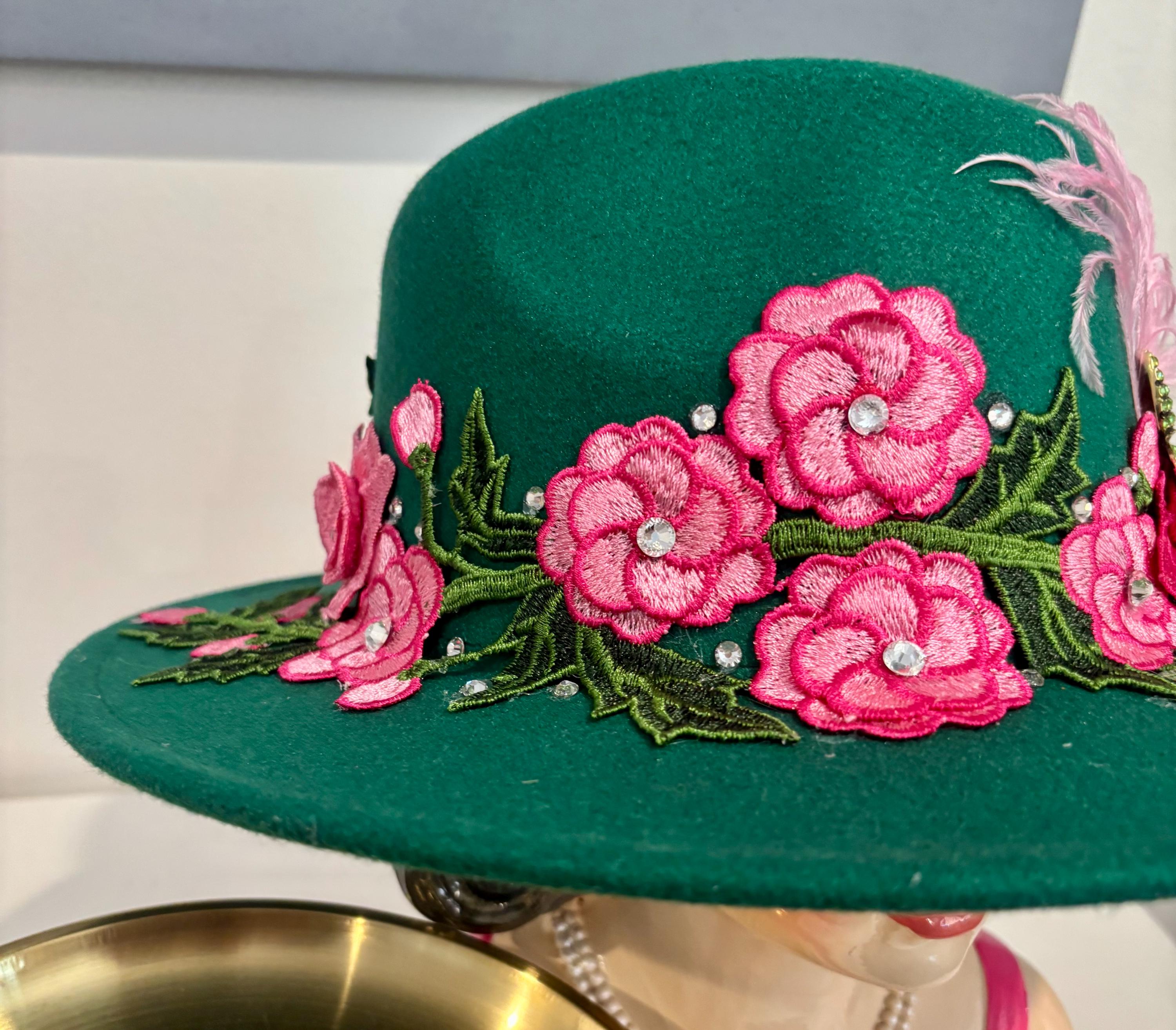 Elegant Green Floral Hat With Pink Floral Accents. - Etsy display picture 1