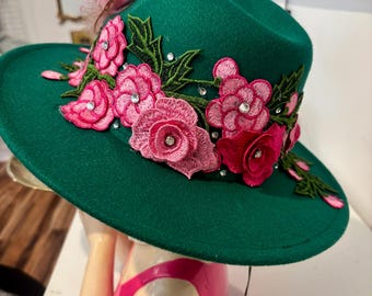 Elegant Green Hat with Red Floral Accent Large Red & Emerald Green Rose Floral Flower Fascinator Hat  main image 2