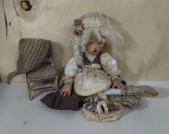 Nellie Victorian Cloth Doll, Clay Head, Flower Basket, Vintage Style (27cm)