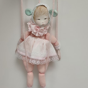 Handmade Clay Puppet Doll: Pink Fabric Skirt, Blue Ears