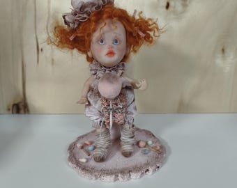 Collectible clay doll Colette the Victorian clown, vintage style handmade art doll with stand