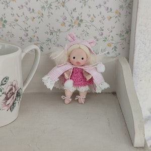 doll with cardboard box lined with flowered fabric, Handmade sweet doll, Mini doll handmade, Art doll handmade, Mini rag doll