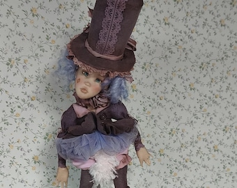 Bianca Victorian Illusionist Doll, Soft Art Doll with Clay Rabbit, Tailcoat, Top Hat