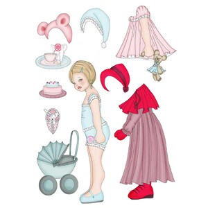 Printable kit to Dress up a Paper Doll, Doll with Stroller, Paper Doll with Dresses, Download Paper Doll, Paper Doll